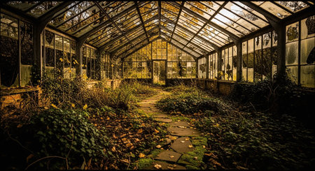 Abandoned greenhouse in autumn with plants and leaves. Toned.の素材