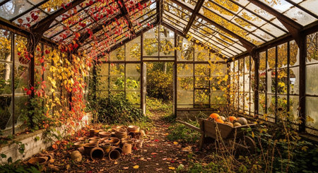 Abandoned greenhouse with autumn leaves and fruits in the garden.の素材