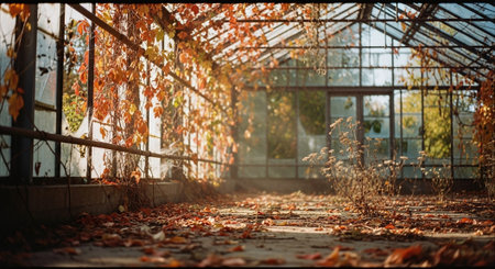Autumn leaves in an abandoned greenhouse. Filtered image processed vintage effect.の素材