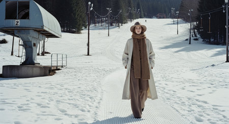 Young woman in beige coat and hat walking in winter park.の素材