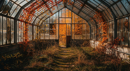 Abandoned greenhouse in autumn time with fallen leaves in the foregroundの素材