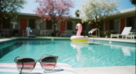 sunglasses on the edge of the swimming pool, vintage color toneの素材
