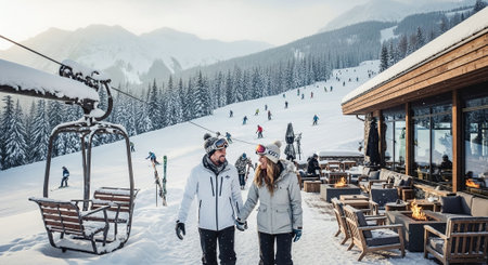 Couple on a winter vacation in the mountains. Winter holidays and travel conceptの素材