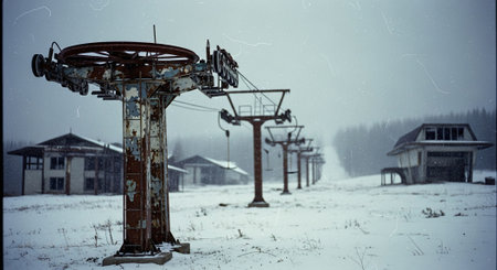 Old rusty ski lift in the snowy mountains. Toned image.の素材
