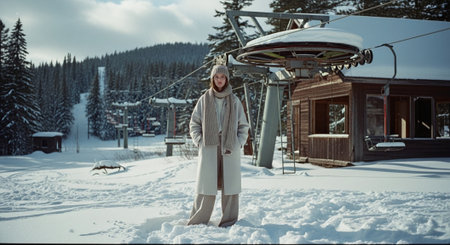 Young woman in winter clothes standing in front of ropeway on ski resortの素材