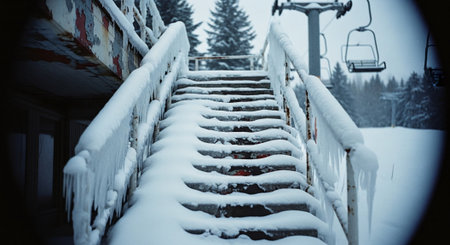 Stairs covered with snow in a ski resort in the winter.の素材