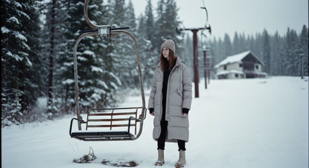 Young woman in a winter forest with a chairlift in the snowの素材
