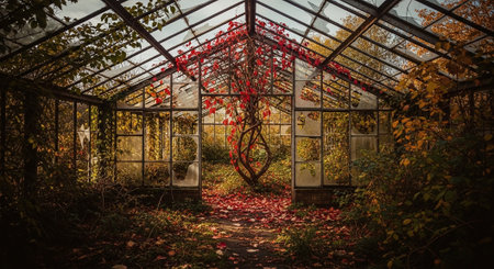 Autumn garden with red leaves and trees in an old greenhouse.の素材