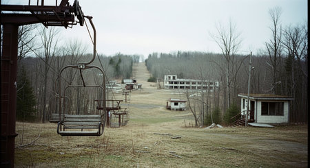 Ski lift in the forest. Low angle view of chairlift in the forest.の素材