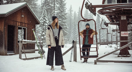 Young couple in the ski resort on a winter day. Man and woman in winter clothes.の素材