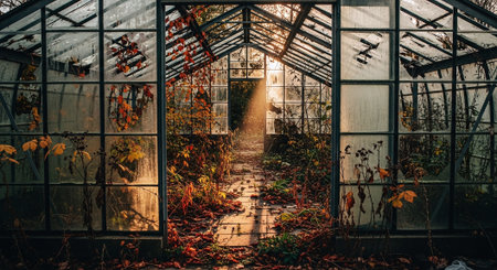 Abandoned greenhouse with fallen leaves and sunbeams in autumnの素材