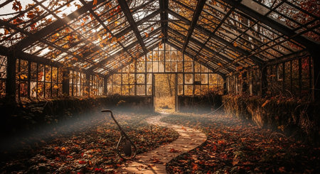 Abandoned greenhouse in autumn. Abandoned greenhouse in autumn.の素材