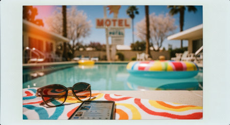 Sunglasses and mobile phone in front of swimming pool at hotelの素材