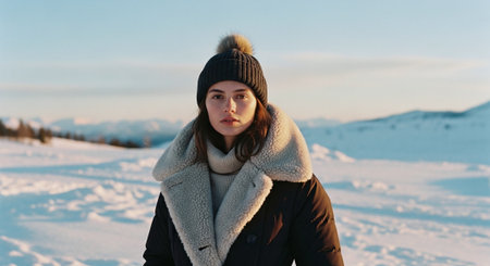 Portrait of a beautiful young woman on a background of winter mountainsの素材