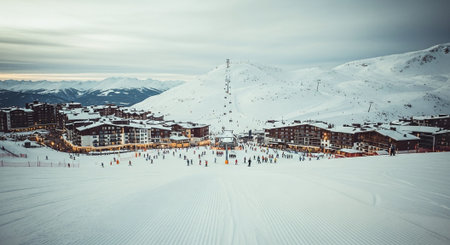 Ski resort Zell am See, Austria. Panoramic view of ski slopes and people skiing.の素材