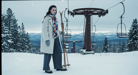 Young woman with skis in mountains. Ski resort in winter.の素材