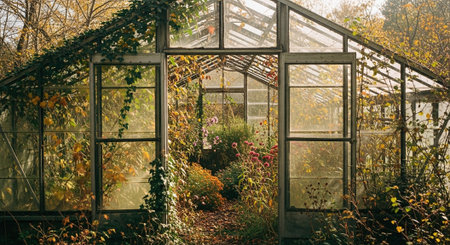 Autumn in the greenhouse. Autumn in a greenhouse. Beautiful autumn landscape.の素材