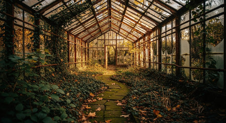 Abandoned greenhouse in the middle of the forest in autumn.の素材