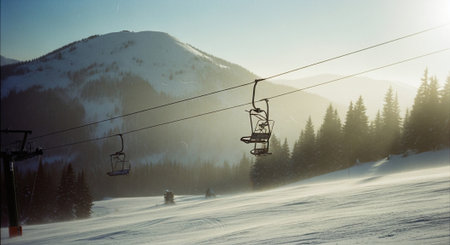 Ski lifts in the mountains. Ski resort in the Carpathiansの素材