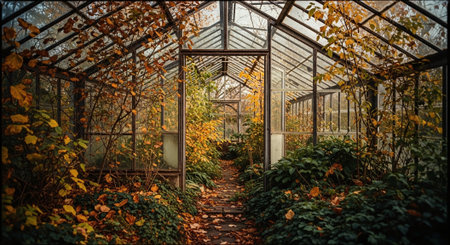 Autumn in a greenhouse with yellow leaves and trees in the gardenの素材