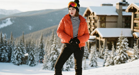 Beautiful young woman in a ski suit and helmet on the background of the mountains.の素材