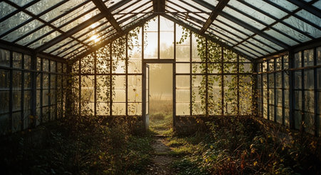Abandoned greenhouse in the countryside at sunset, panoramic viewの素材