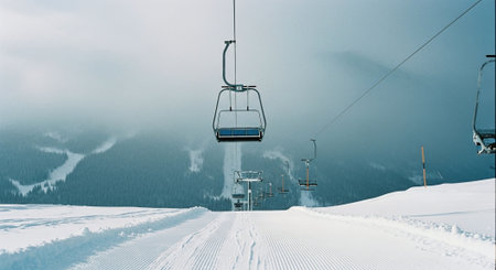Ski lift in the mountains. Beautiful winter landscape. Panoramaの素材