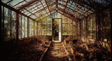 Abandoned greenhouse interior with lots of plants and fallen leaves.の素材
