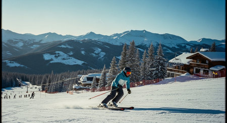 Skier skiing downhill in the mountains. Ski resort in the Alps.の素材