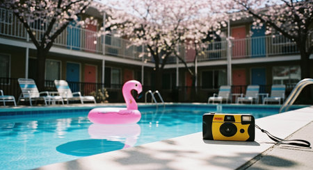 camera on swimming pool with pink inflatable flamingo float in backgroundの素材