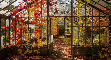 Autumnal scene in a botanical garden with colorful leaves.の素材