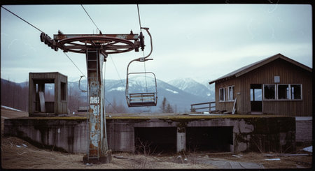 Vintage photo of a chairlift in the mountains. Retro style.の素材