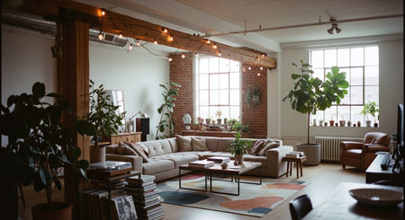 Interior of modern living room with sofa, coffee table and plantsの素材