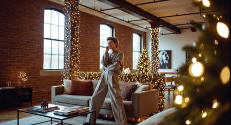 Beautiful young woman in pajamas in the room decorated for Christmasの素材