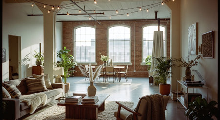 interior of modern living room in loft style with brick walls and wooden floorの素材