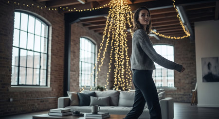 Portrait of a young woman dancing in the living room with garland lights.の素材