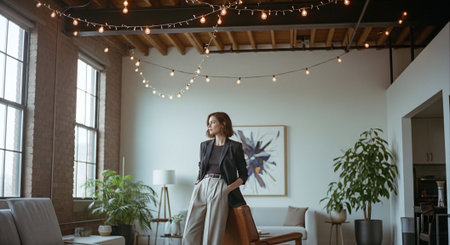Portrait of young businesswoman standing in office and looking away.の素材