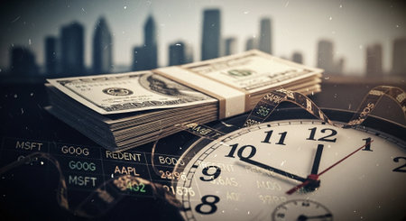 Time is money concept with clock and dollar bills. 3D Renderingの素材