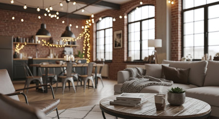 Interior of modern living room with brick walls, wooden floor, comfortable beige sofas and coffee table. 3d renderingの素材