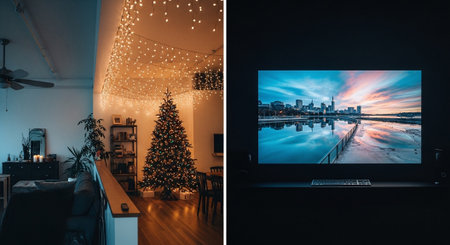 Christmas and New Year photos on the screen of a modern computer monitor.の素材