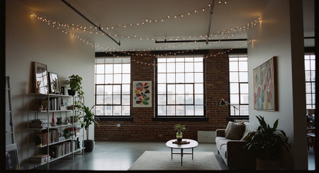 Interior of modern living room with brick walls, concrete floor, cozy sofa and bookcase.の素材