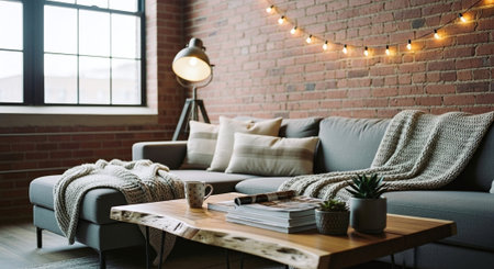 Cozy living room in loft style with sofa, coffee table and books.の素材