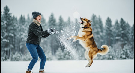 Young woman playing with a dog in the winter forest. The concept of winter sports.の素材
