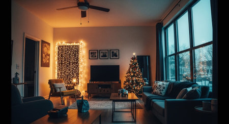 Christmas living room interior with decorated tree, sofa, tv and armchairの素材