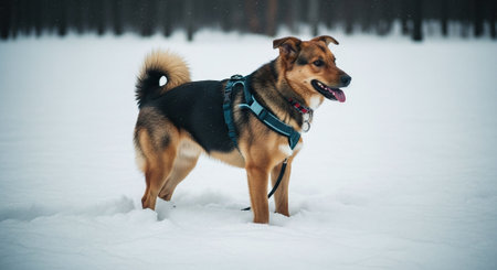 Portrait of a dog in the snowy forest. Shallow depth of field.の素材