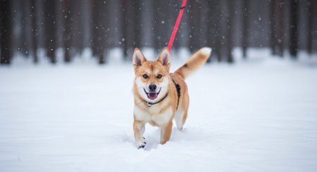 Shiba inu dog running in the winter forest. Selective focusの素材