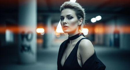 Fashion shot of a beautiful young woman in a black dress.の素材