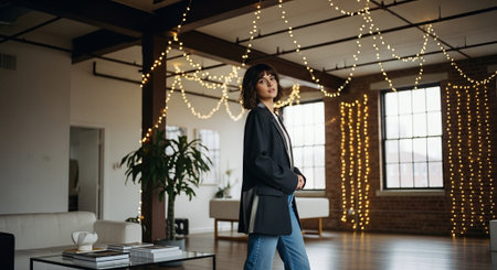 Portrait of confident young businesswoman standing in office and looking awayの素材
