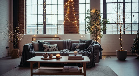 Cozy living room in loft style with fireplace and christmas treeの素材