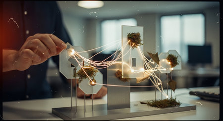 Businessman holding digital cube with connection lines on his hand. 3D renderingの素材